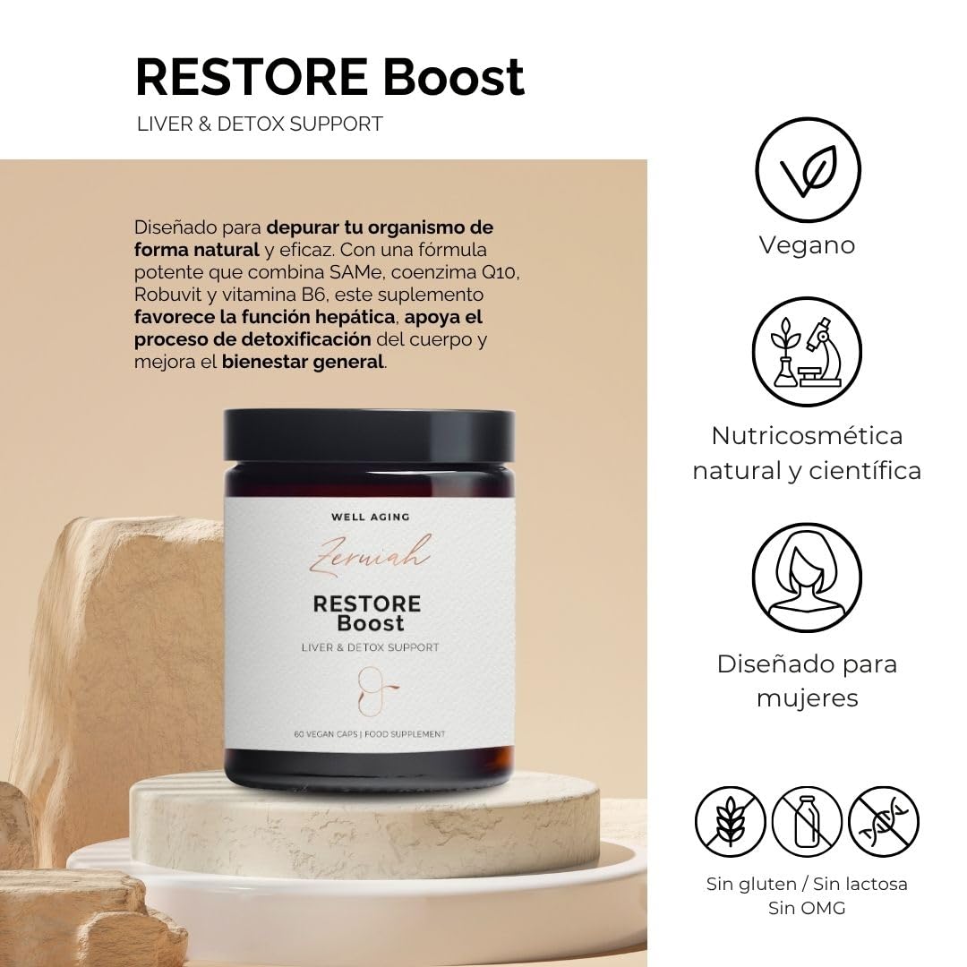 Zeruiah - Restore Boost Complemento Alimenticio para 1 Mes | con Coenzima Q10 y Vitamina B6 Detox Hepático para Más Energía y Soporte Metabólico 60 cápsulas