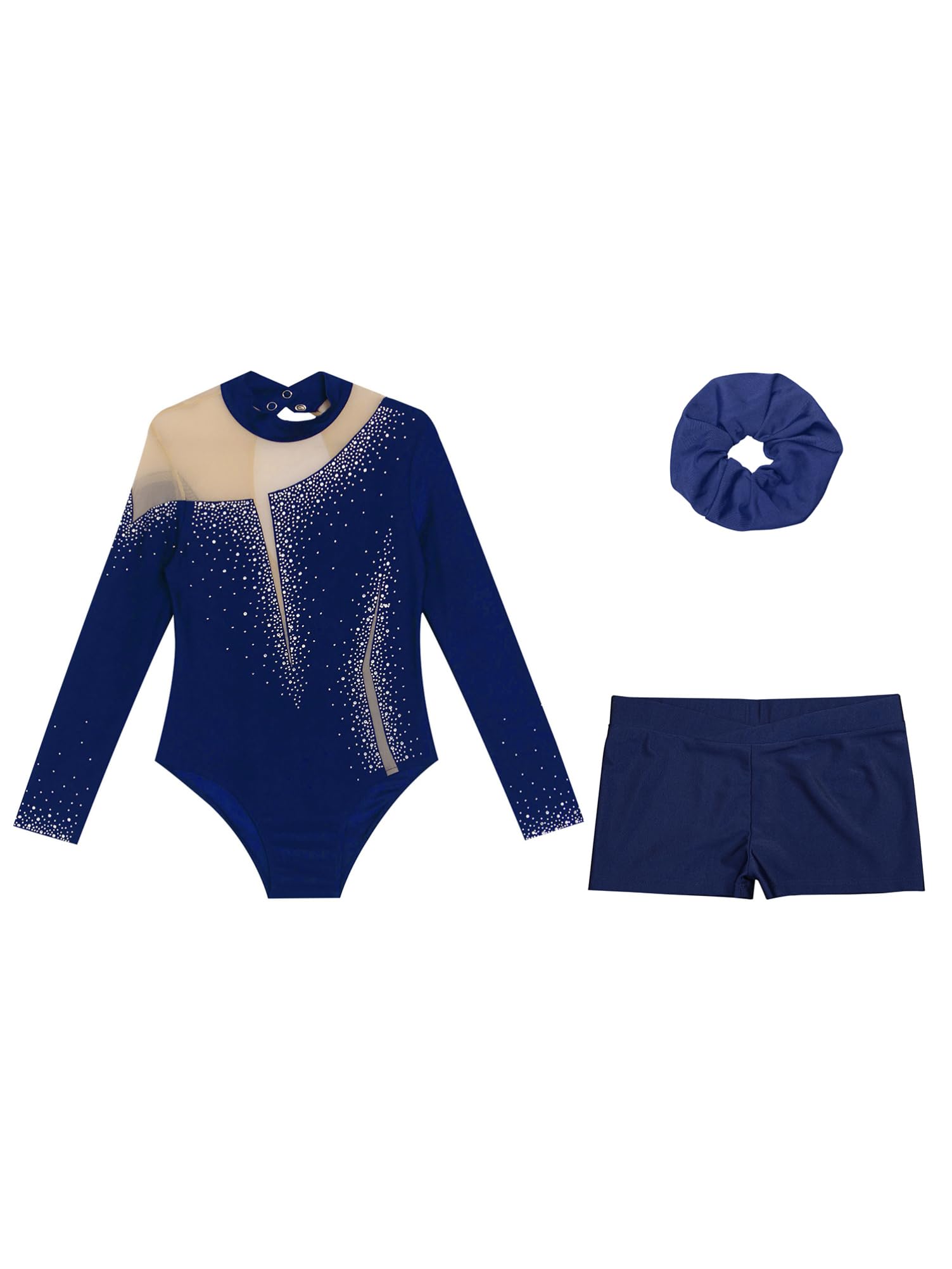 Alvivi Mädchen Turnanzug Glitzer Gymnastikanzug Langarm Gymnastik Leotard mit Kurze Hose Haarband Gymnastikbody Turntrikot Gymnastik Kleidung