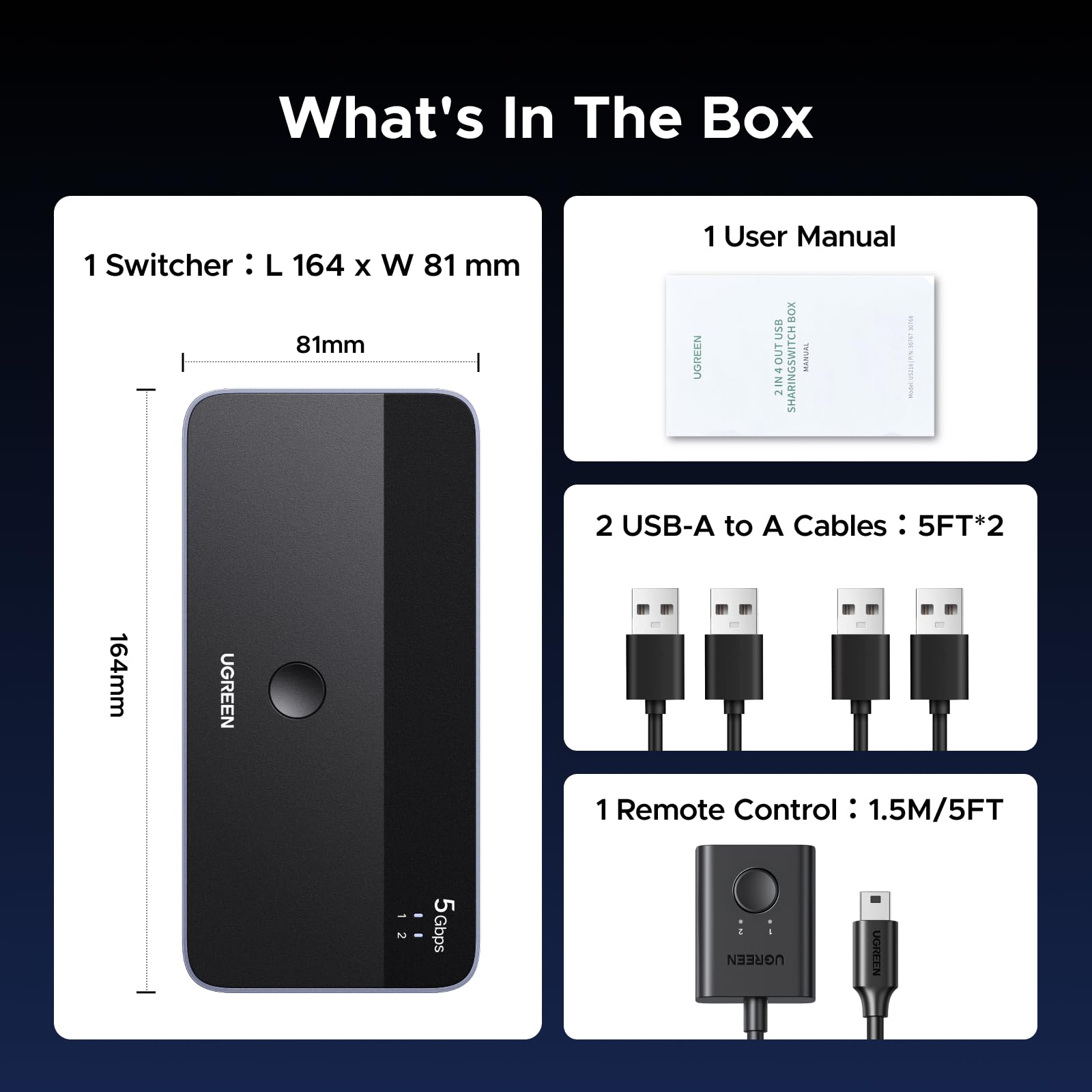 Przełącznik USB UGREEN dla 2 komputerów z portem RJ45, USB 3.0 z 2 wejściami i 4 wyjściami, w zestawie pilot zdalnego sterowania, plug & play, kompatybilny z systemami Windows/Mac/Linux itp.
