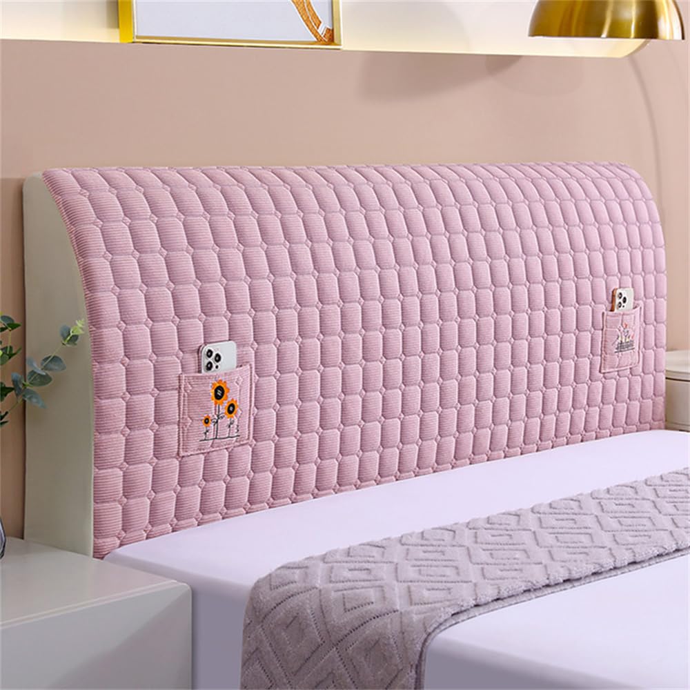 Hearda Elástica Funda para Cabecero de Cama,Cabecera Esponjoso Color Sólido, Todo Incluido Prueba de Polvo Cabecero, Protector de Cabecero Cama con Dos Bolsillos (Rosa,150cm)