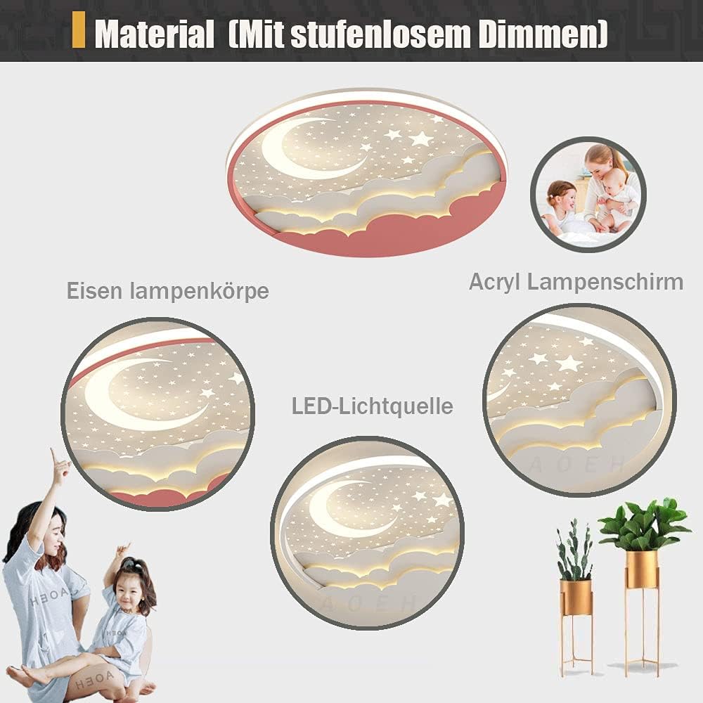 LED Kinder Deckenlampe Stern Mond Deckenleuchte Acryl Lampenschirm D50cm 50W Weiß Fernbedienung