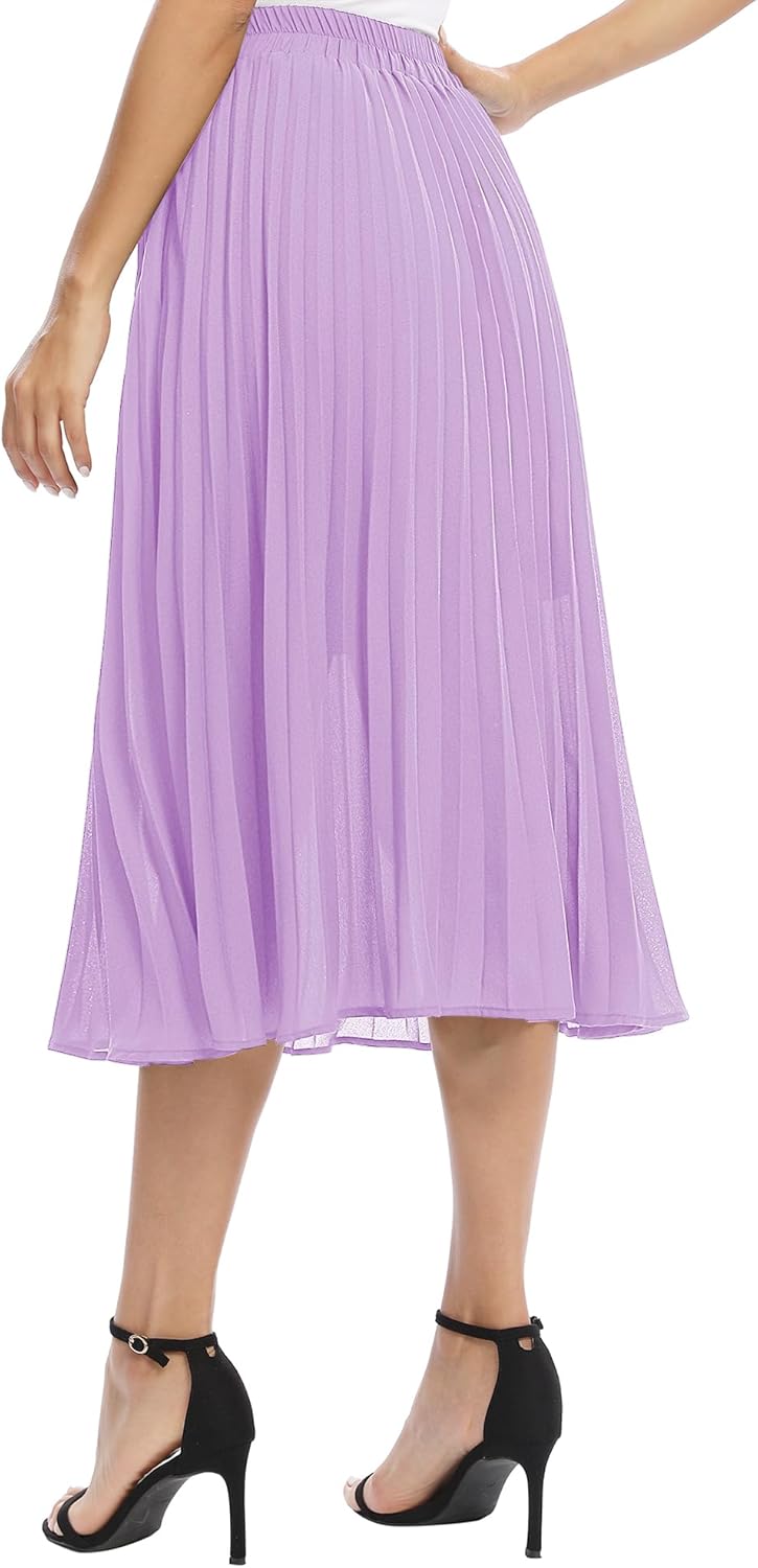 EXCHIC Women's Casual Chiffon Elastic Waist A-Line Pleated Midi Skirt with Pockets - Image 6