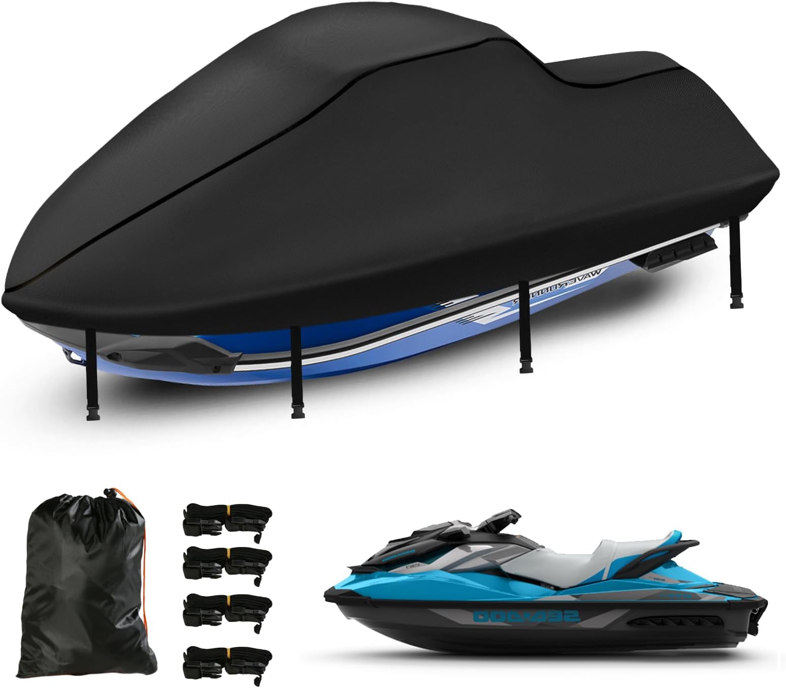 Jetski Covers 3 Seater, Upgraded Heavy Duty 420D Waterproof Motorboat Cover with 2 Air Vent Marine Grade UV Resistant for Seadoo,Kawasaki,Waverunner Polaris from 136" To 145"(Black)