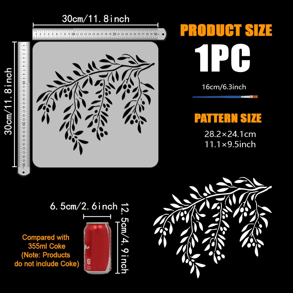 Pochoir Branche D’olivier 30x30 Cm – Motif Végétal, Plastique PET Réutilisable, Pour Peinture Murale/déco