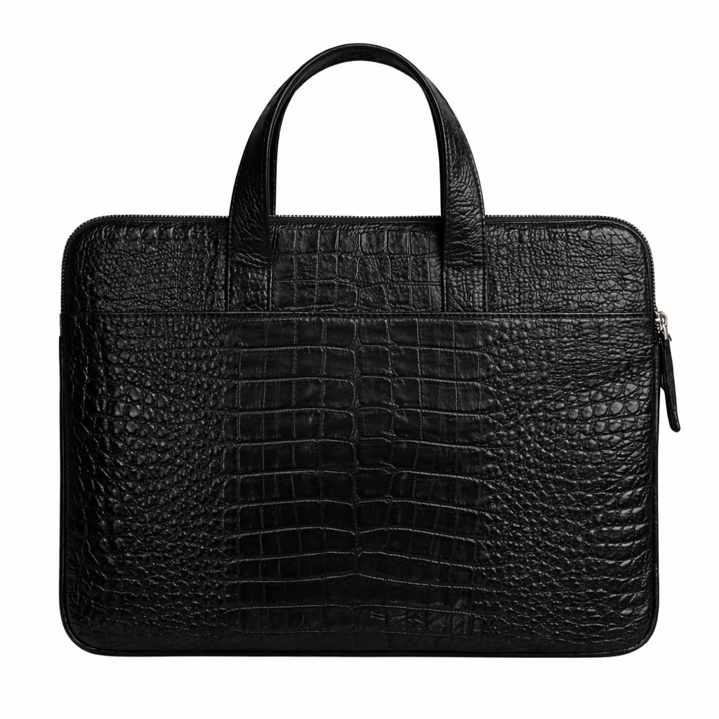 Borsa in pelle per laptop MacBook Pro da 16", fatta a mano, in pelle pieno fiore, con manici, custodia protettiva sottile (coccodrillo nero)