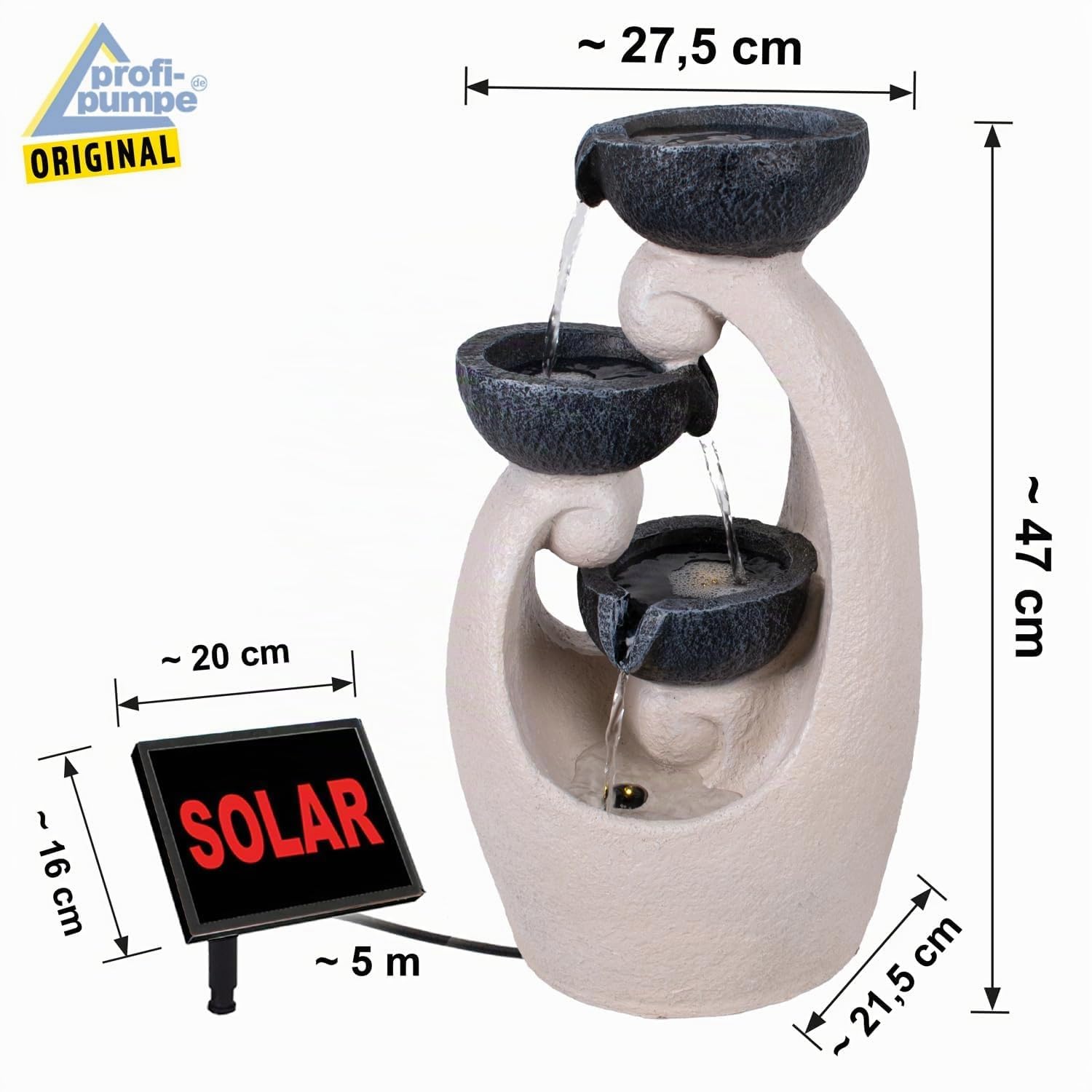 Fontaine Solaire « BAUMSTUMPF & TONKRÜGE-3 » avec Batterie Li-ION et éclairage LED (Fontaine Solaire Harmonie Source)