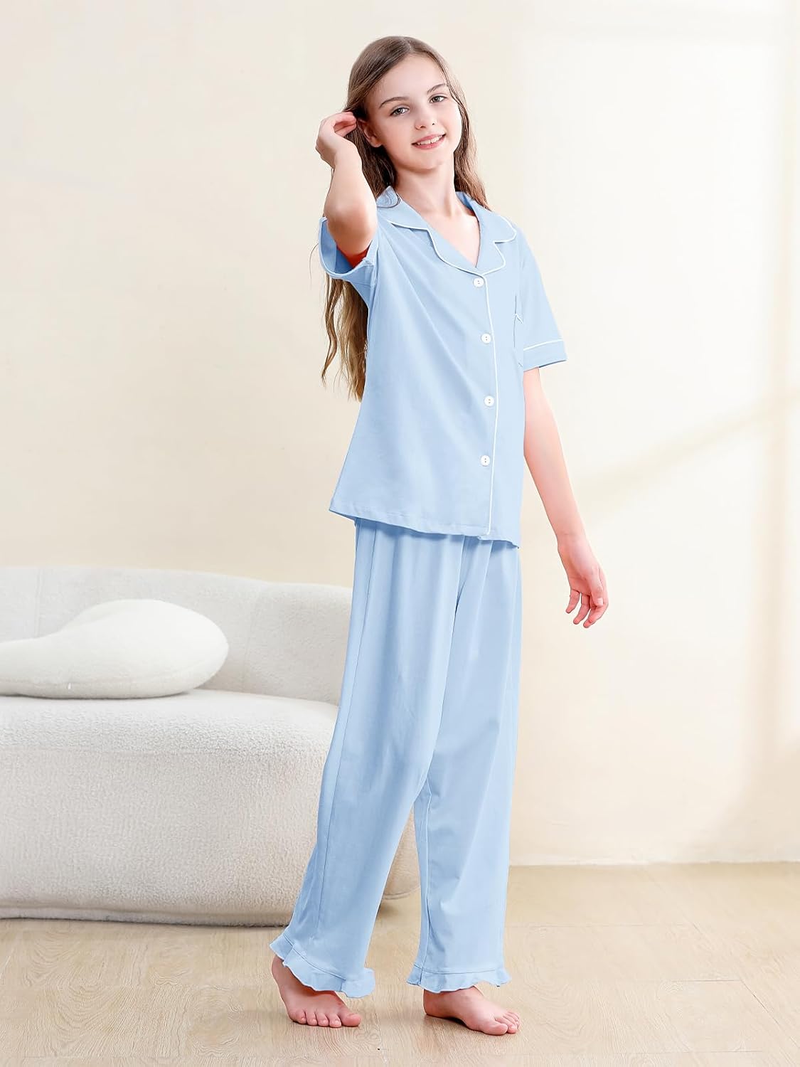 QZH.DUAO 3 Piece Girls Pajama Sets 100% Cotton Ruffle Long Pants with Shorts Sleepwear 3pcs Button Down PJs 5-14 Years - Image 6