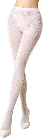 MANZI Women's Hollow Out Knitted Patterned Tights White Lace Fishnet Stockings Vertical Strips Pantyhose with High Waist