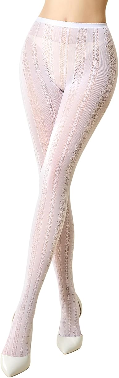 MANZI Women's Hollow Out Knitted Patterned Tights White Lace Fishnet Stockings Vertical Strips Pantyhose with High Waist
