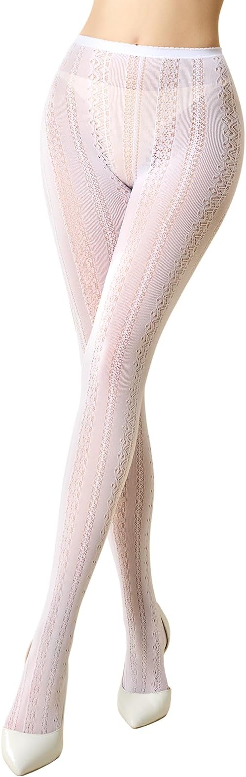 MANZI Women's Hollow Out Knitted Patterned Tights White Lace Fishnet Stockings Vertical Strips Pantyhose with High Waist
