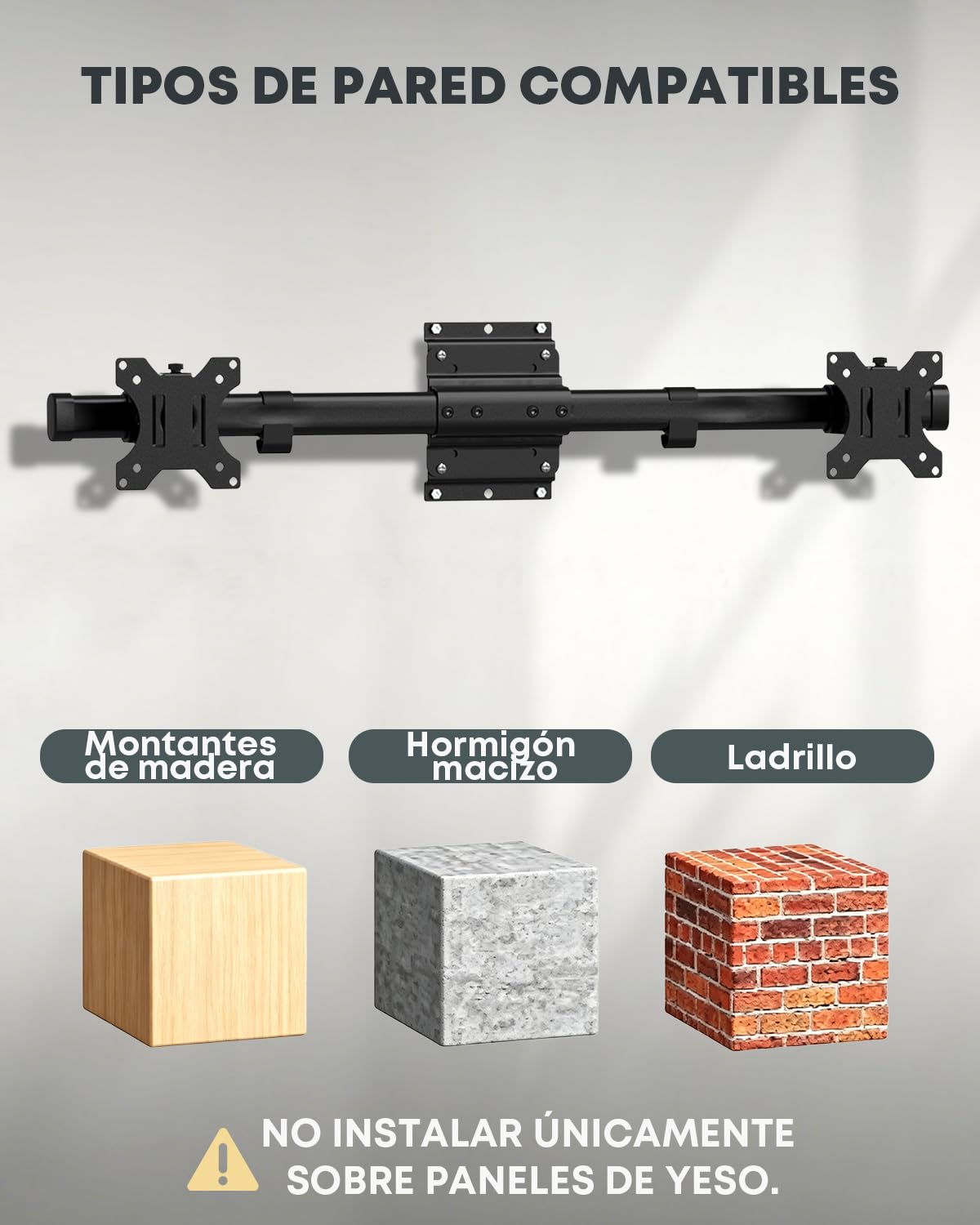 Soporte de Pared Doble para Pantallas 13-27 Pulgadas, Sencillo a Doble | Espacio de pared ultradelgado, montaje horizontal, alineación precisa, gestión de cables, 10 kg por brazo, VESA 75/100, Negro