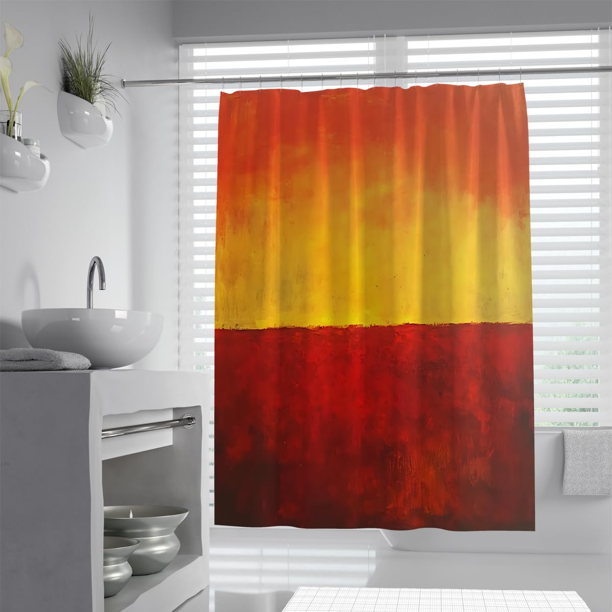 OLLIAR Home Oil Painting Abstract Color Field Shower Curtain Modern Contemporary Orange Red Gradient Texture Waterproof Fabric Bathroom Curtains Set with Hooks 240x180cm