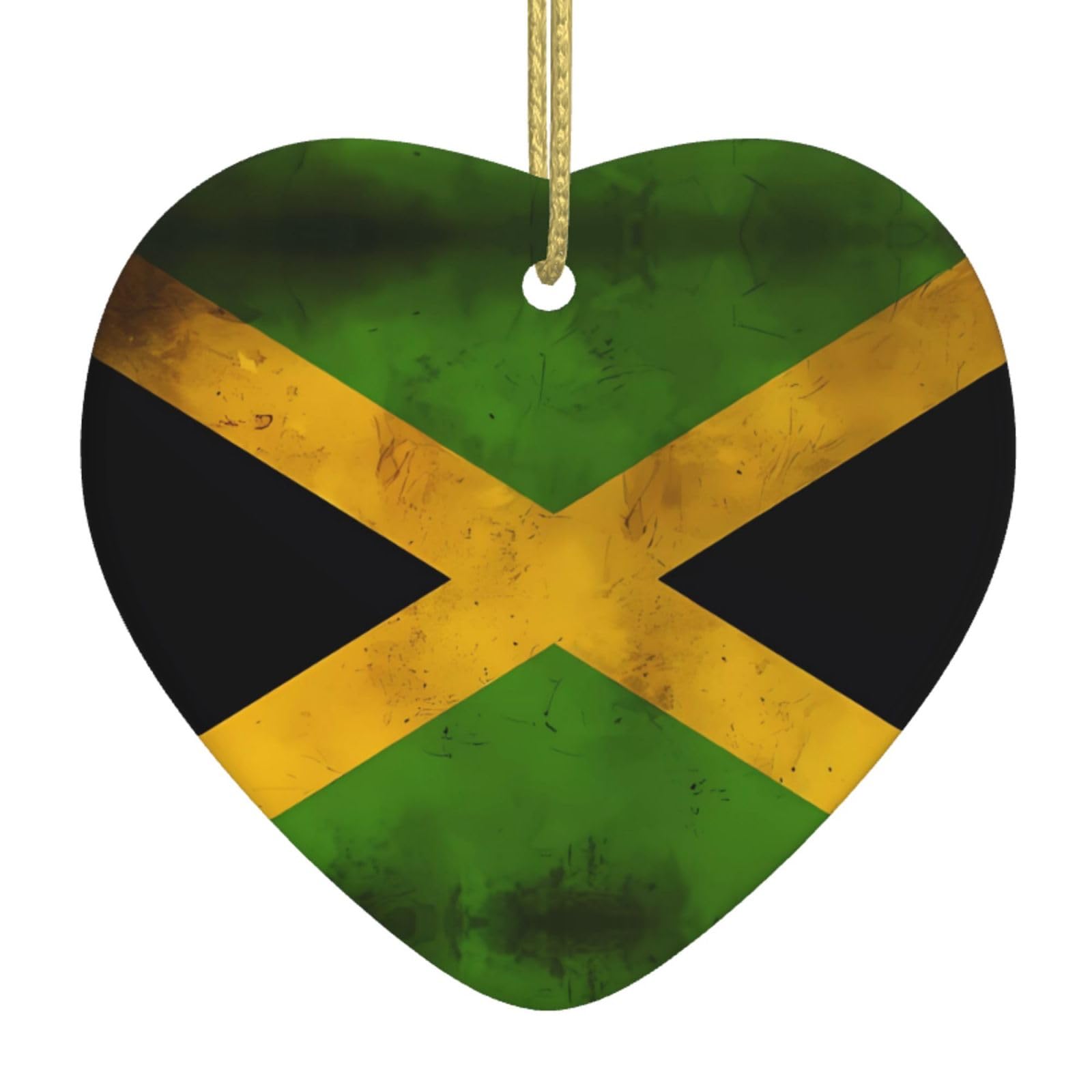 Old Jamaican Flag Ceramic Christmas Heart Pendant with Silk Thread, Christmas Tree Home Decoration