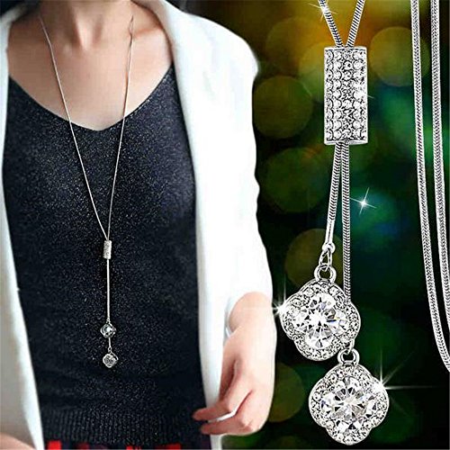 Women's Crystal Flower Jewelry Tassel Pendant Long Chain Necklace2