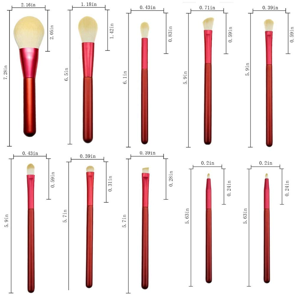 Set di 12 pennelli per Il Trucco - Pennello per Eyeliner Liquido Rosso in Fibra Sintetica Morbida per ombretto e Labbra(Red)