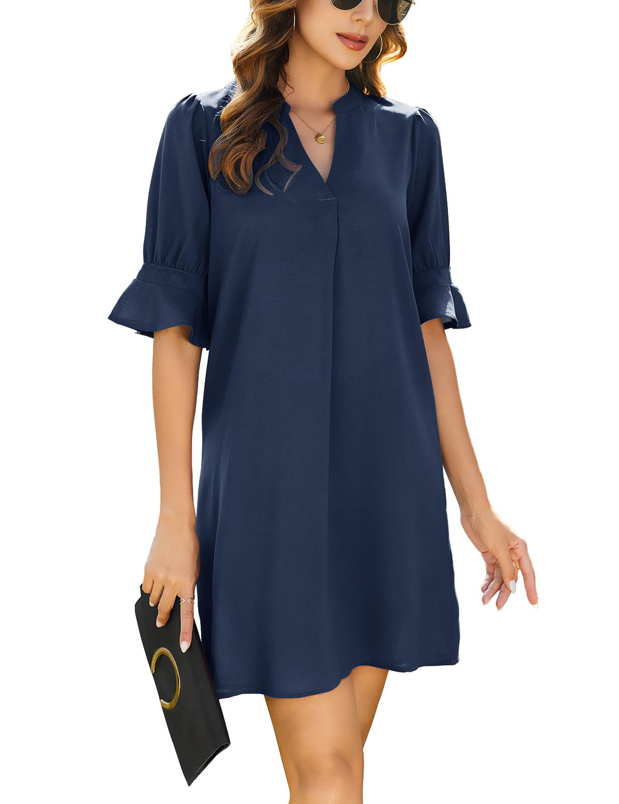 Svanco Vestido Camisa Mujer Cuello en V Mangas Volantes Vestidos Color Sólido Vestido Casual de Verano Ajuste Suelto Flowy Camisa Vestidos S-XXL