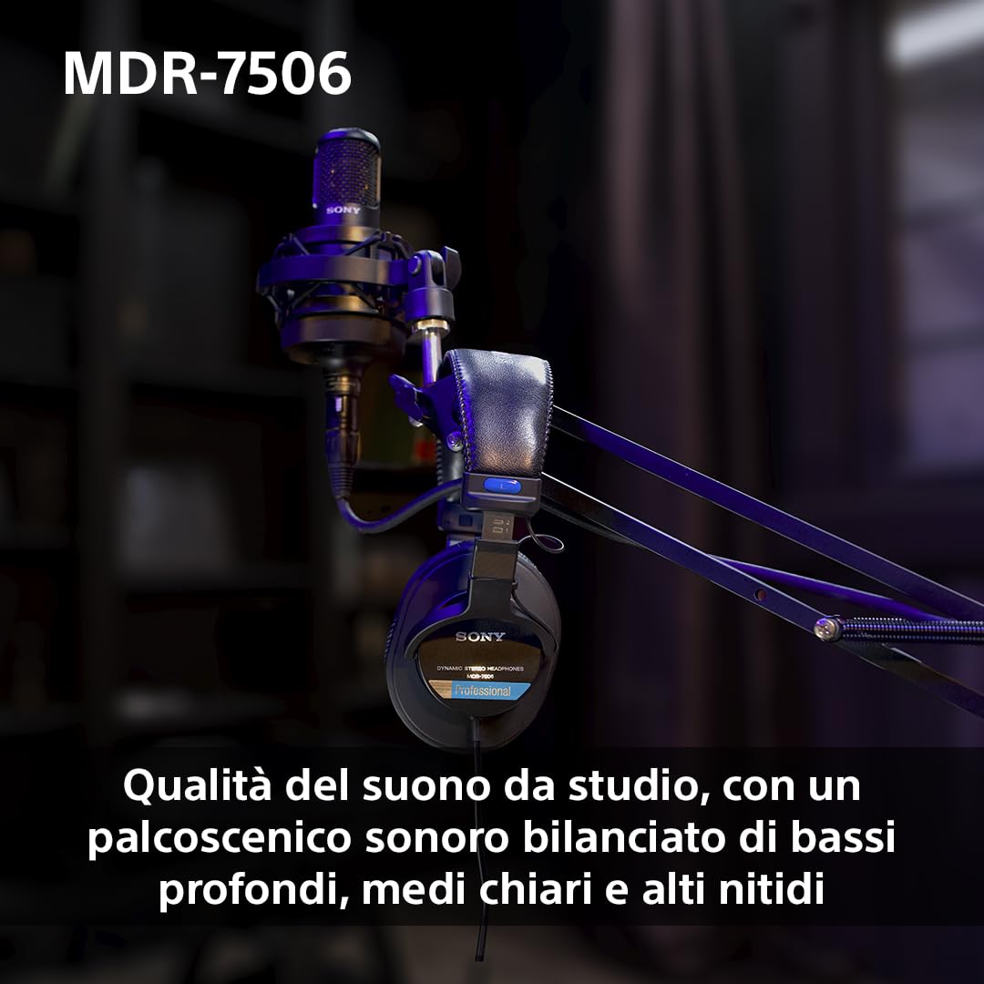 Sony MDR-7506 Cuffie monitor da studio chiuse, con filo, da 10 Hz a 20 kHz, adatte per la registrazione e il mixaggio in studio, 63 Ohm, design leggero e pieghevole (227 g), custodia inclusa, Nero