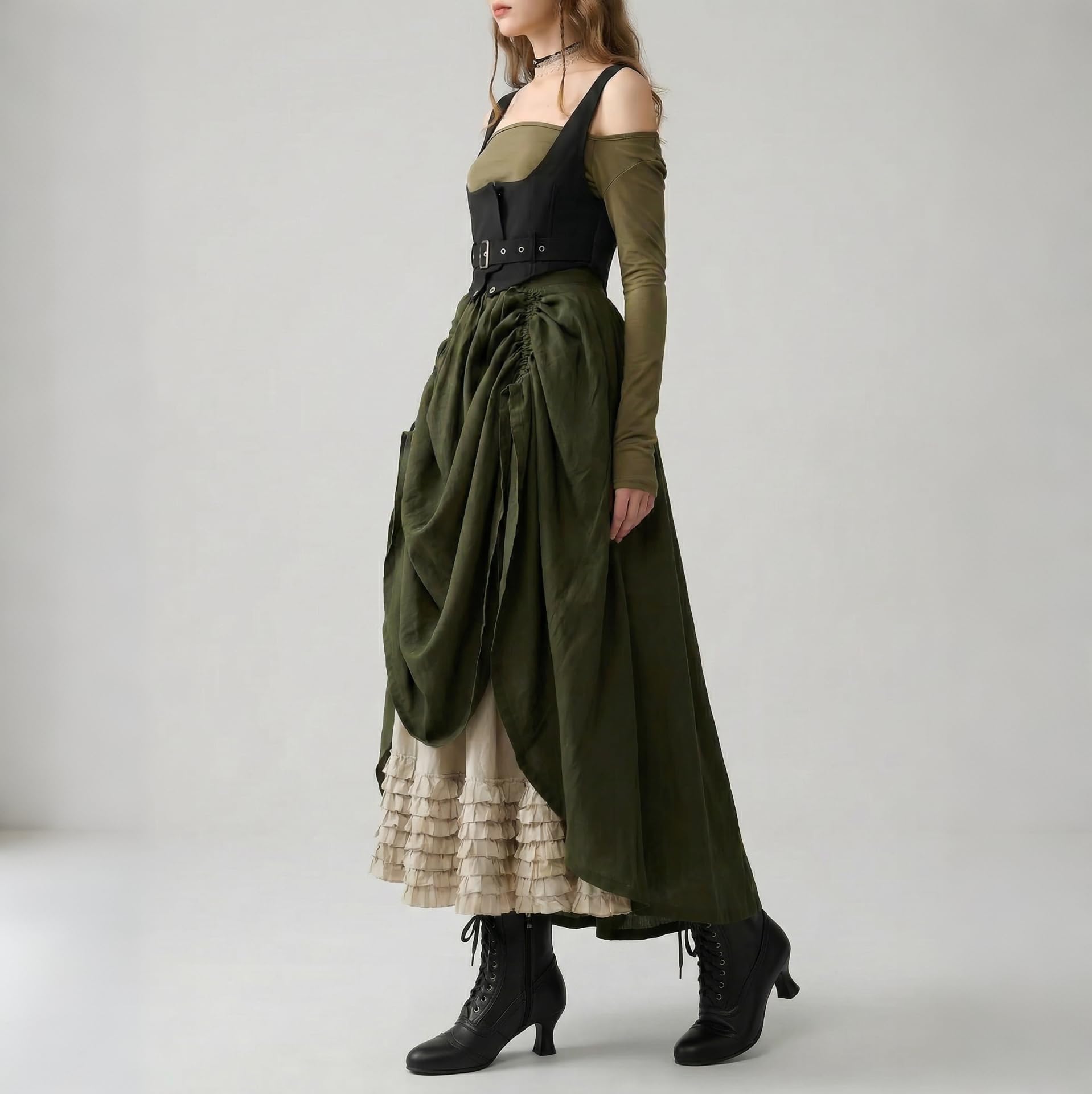Stivali da donna vittoriani con lacci alla caviglia punta rotonda tacco gattino stivaletti vintage cerniera laterale