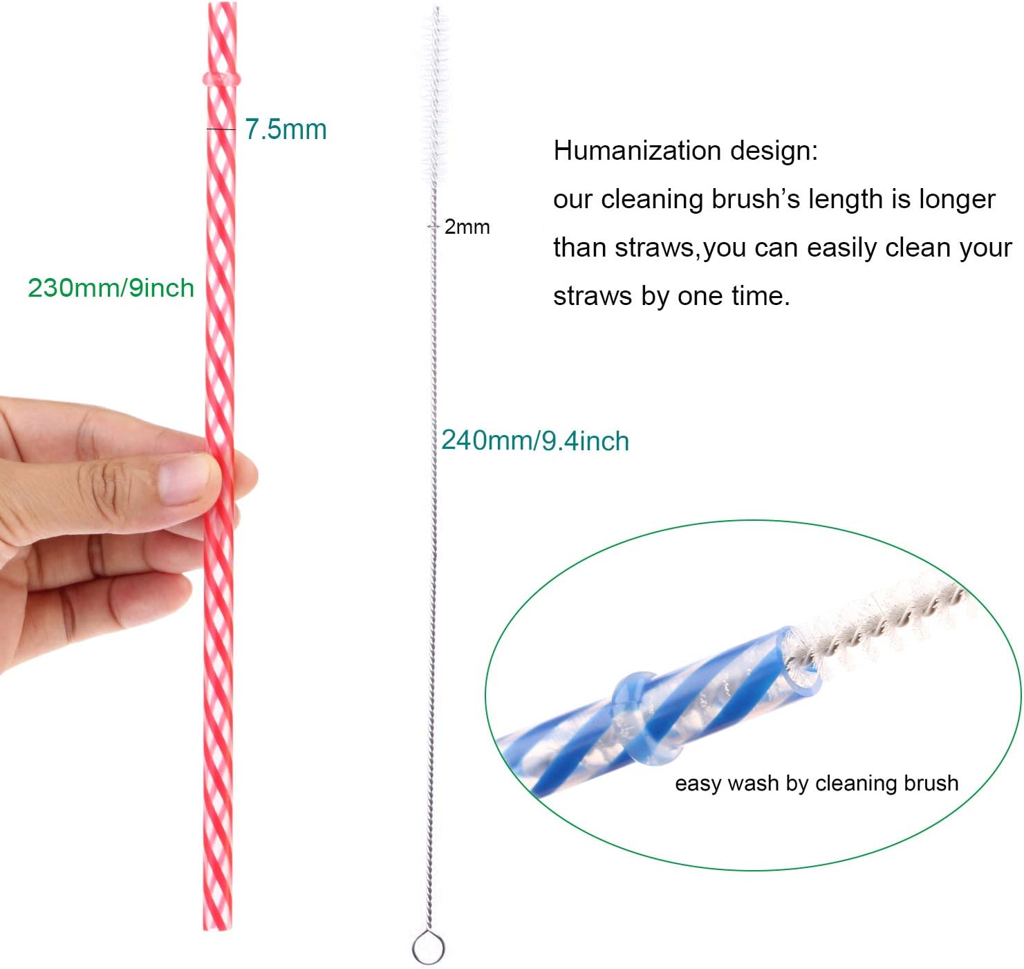 Dakoufish 12 Piece 9 Inch Reusable Plastic Thick Drinking Straws BPA Free Mason Jar Straws transparent small Stripe 6 Colors (9inch Pink) image 2