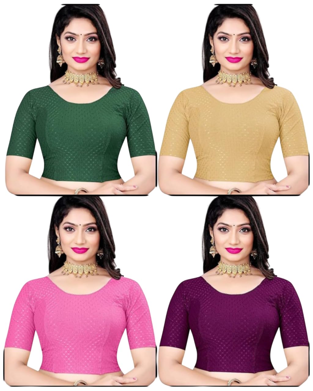 V.R. Traders Women’s Stretchable Cotton Blend Saree Blouse Pack of 4 (Green, Gold, Pink, Wine) | Dobby Solid Readymade Blouse | Half Sleeve Round Neck Casual Ethnic Blouse-image-9