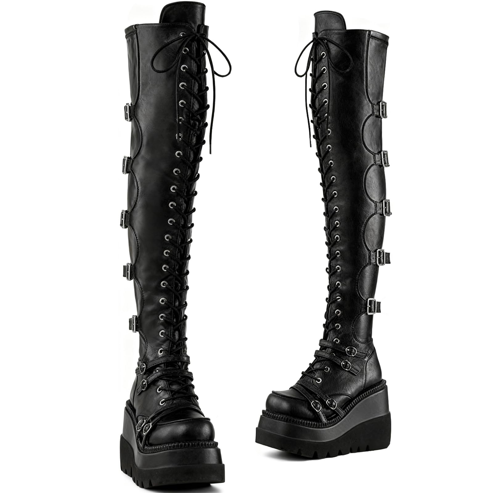 Black Thigh High Boots for Women Goth Platform Boots Comfortable Stretch Chunky Combat Rave Shoes