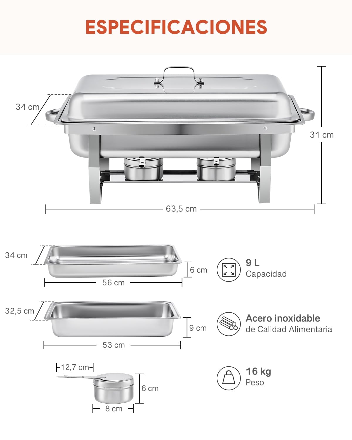 Wilprep Juego de 4 Calentadores de Comida para Buffet, Acero Inoxidable 9L con Bandeja de Calefacción, Chafing Dish para Catering, Fiestas y Eventos (4pcs)