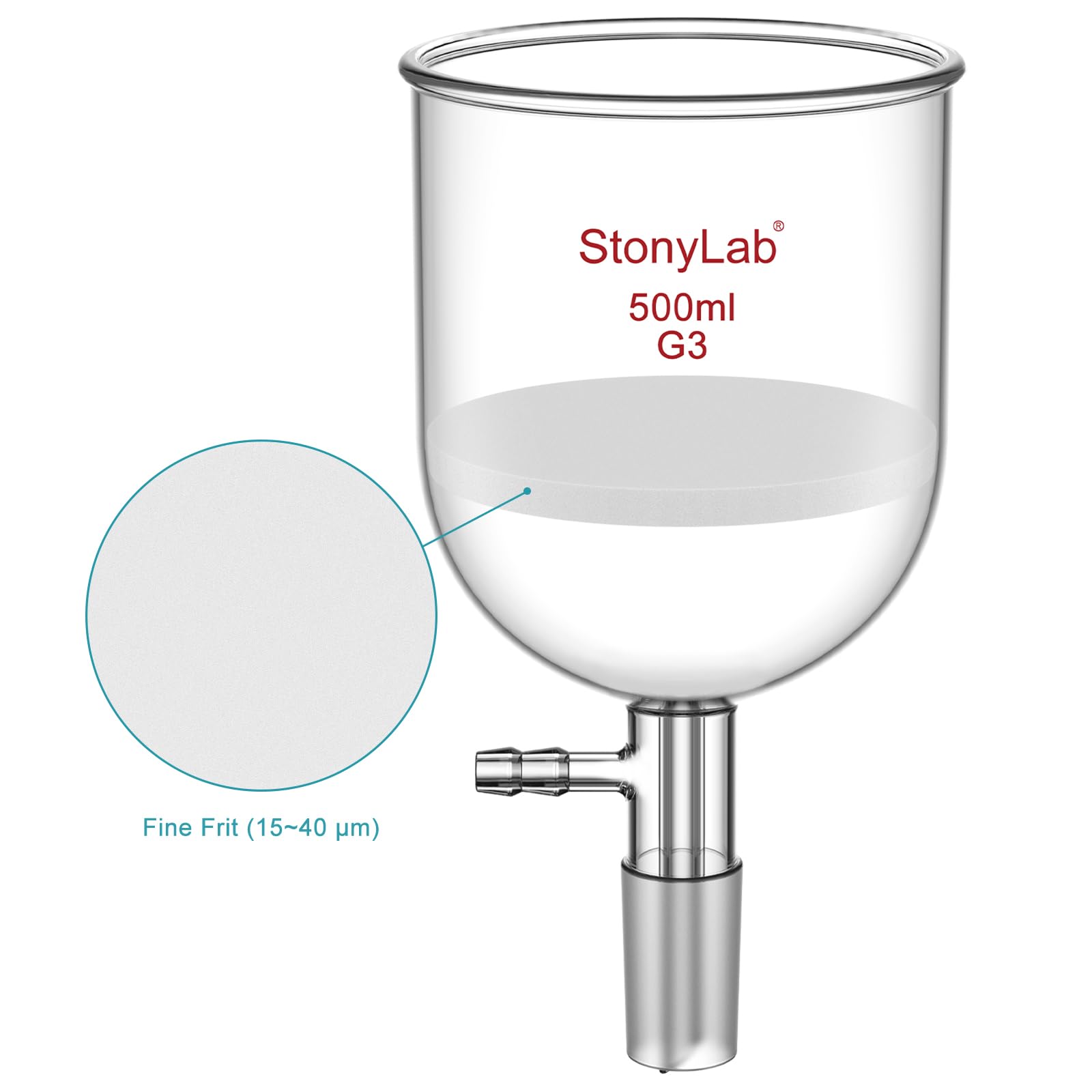 StonyLab Glas Buchner Trichter Filter, Borosilicatglas Vakuum Buchner Filtertrichter mit Feiner Fritte(G3), 94mm Scheibendurchmesser, 100mm Tiefe, mit 24/40 Standard Taper Innengelenk - 500ml