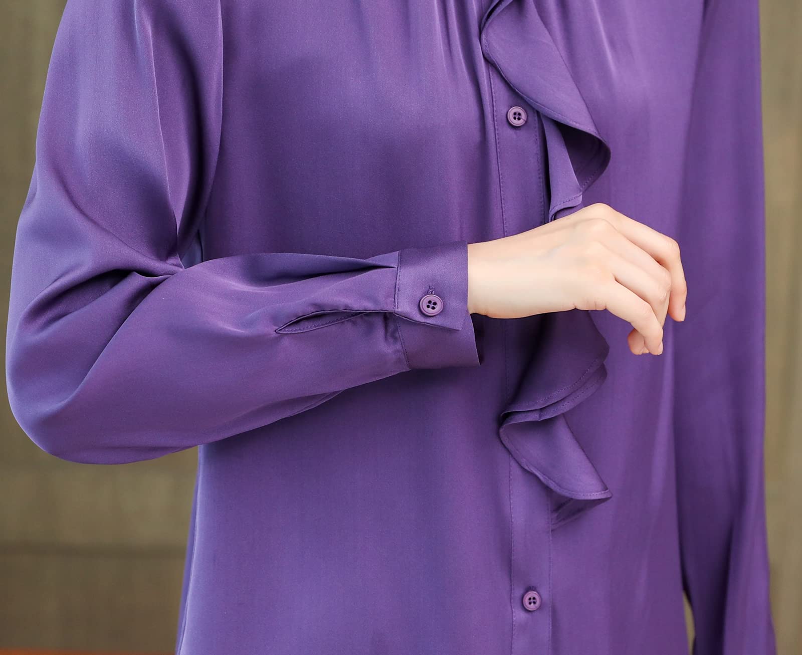 E-girl Blusa de seda para mujer, camisa de seda sólida, con botones, manga larga, cuello alto, blusa de seda, S3391