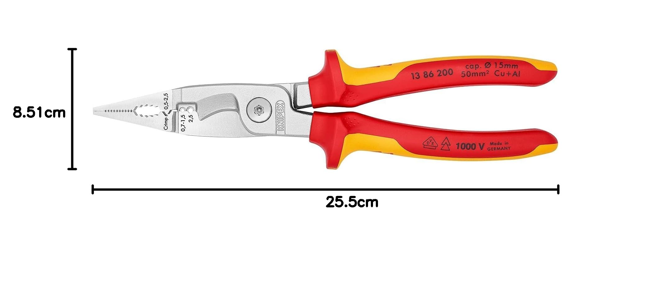 KNIPEX Elektro-Installationszange, VDE, Kabelschneiden, Abisolieren, Crimpen von Aderendhülsen, Greifen, Biegen, Multitool, 13 86 200