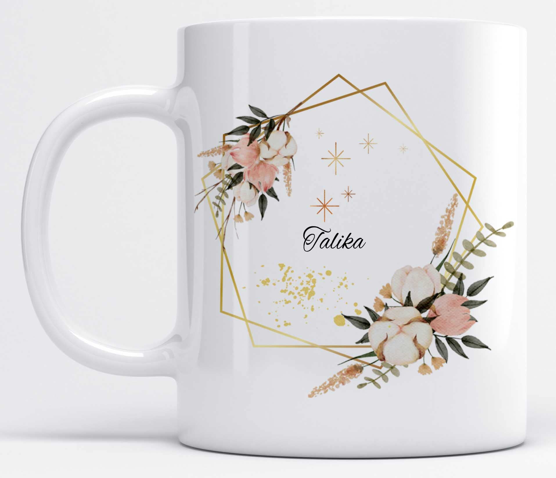 LOROFY Name Talika Printed Pentagon Floral Design White Ceramic Coffee Mug (350ML)