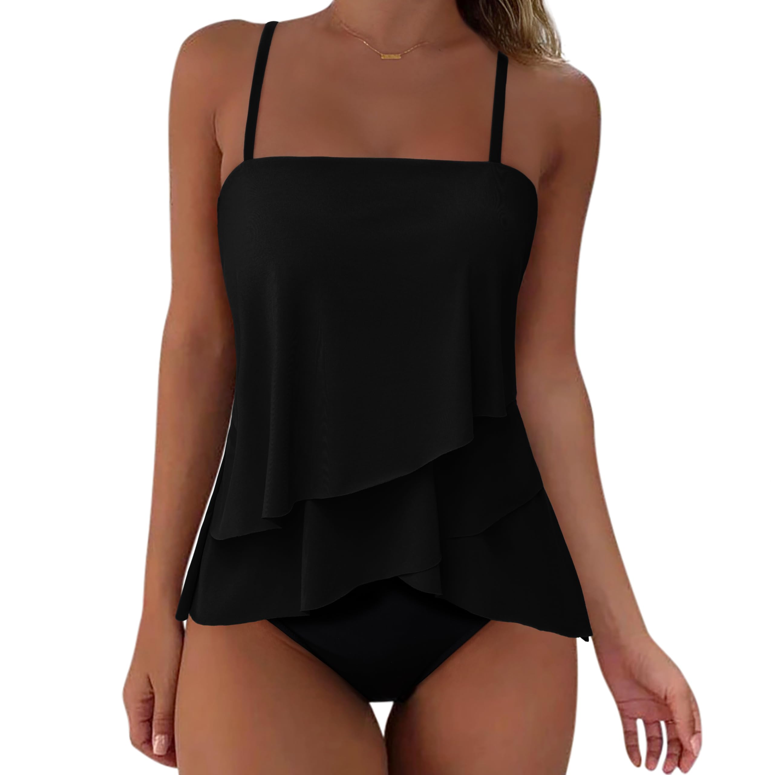 SUUKSESS Women Tummy Control Tankini Swimsuit Ruffle High Waisted Bathing Suit