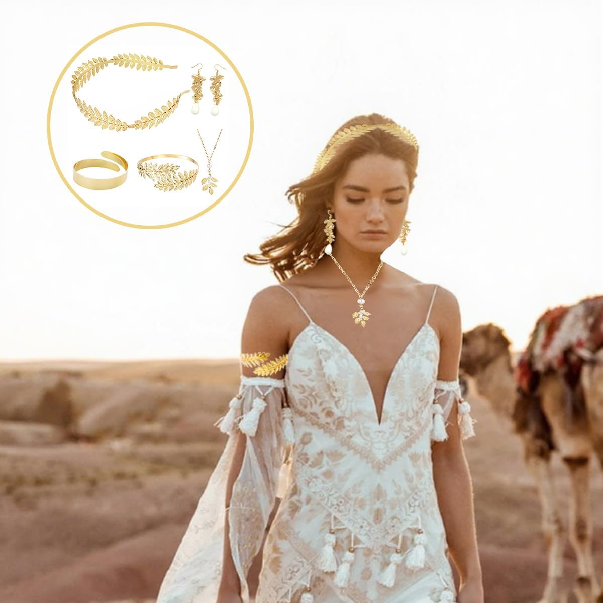 6-Piece Greek Goddess Costume Accessories Set Roman Toga Party Headband Upper Arm Cuff, Bracelet, Band Earrings Women’s Cosplay Jewelry Gold