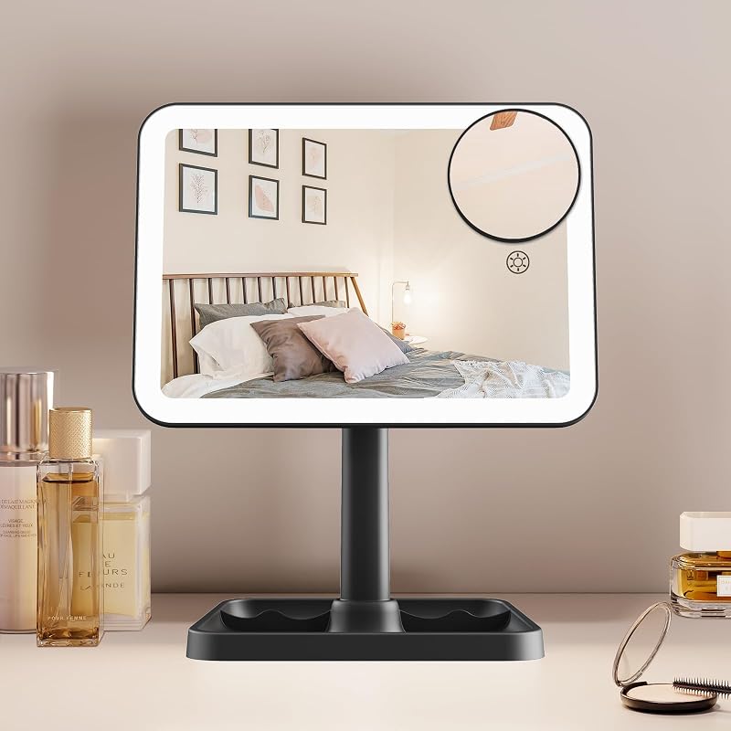 Espelho de maquiagem com iluminação FUNTOUCH, recarregável, preto