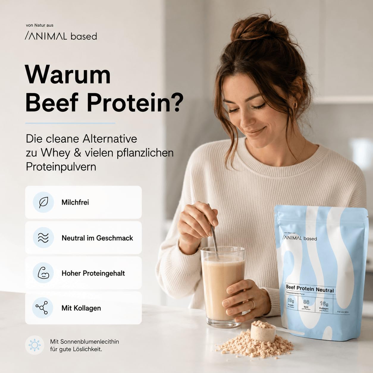 Animal Based Rinderprotein Pulver Neutral 300g - Natürliche Zutaten - 19g Protein - 16g Kollagen - 86 kcal - Beef Protein - Kollagen Typ 1,2,3 - Knochenbrühe vom Weiderind - Bone Broth - Histaminarm
