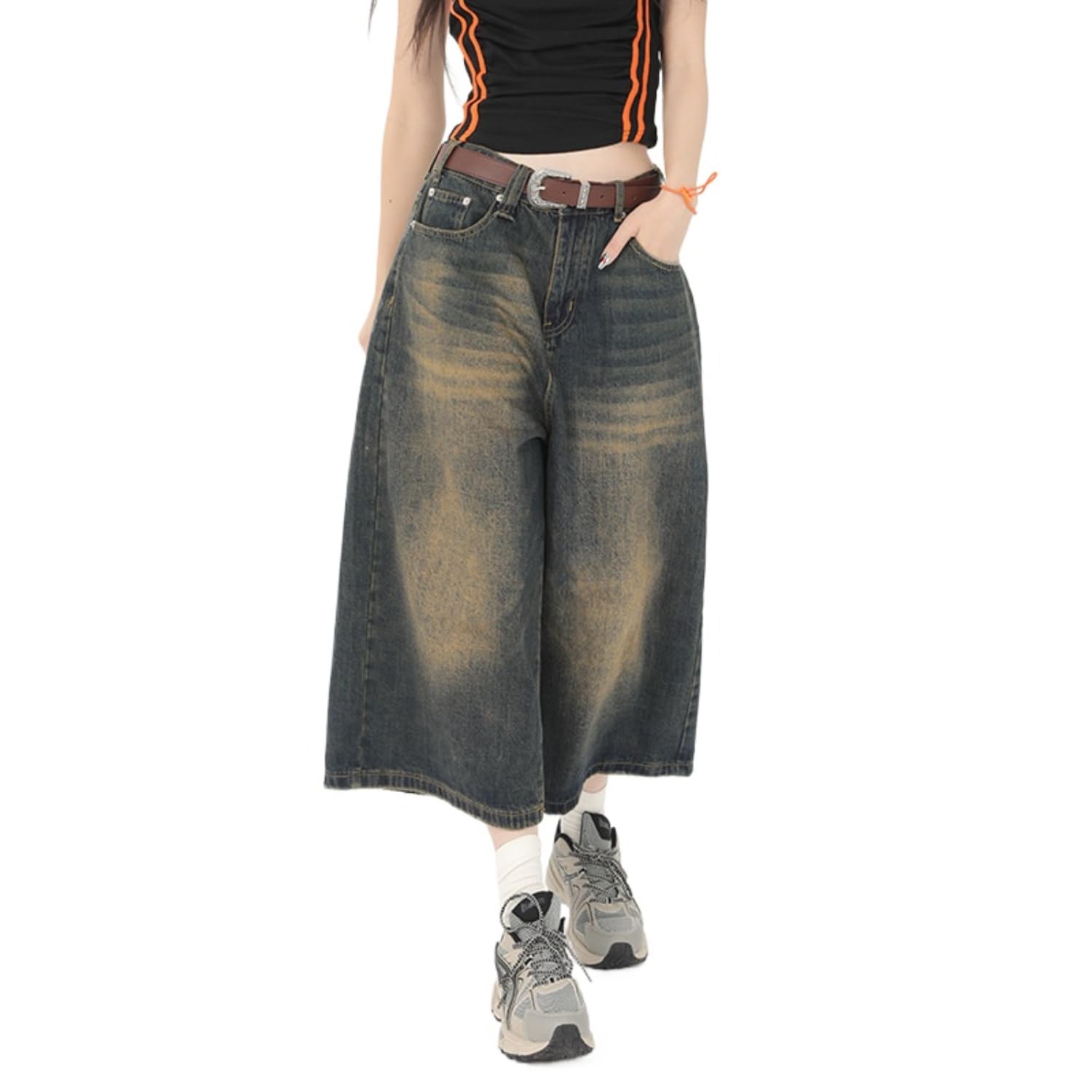 POHADON Women Y2k Baggy Jorts Vintage Wide Leg Long Jean Shorts Loose Fit Capri Denim Shorts Trendy Grunge Vintage Streetwear