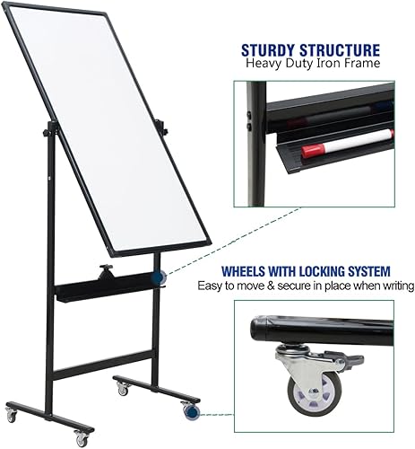 Miniatura 10 de Pizarra blanca magnética móvil de altura ajustable de 360, rodante de doble cara, pizarra blanca sobre ruedas, oficina, aula, hogar, pizarra