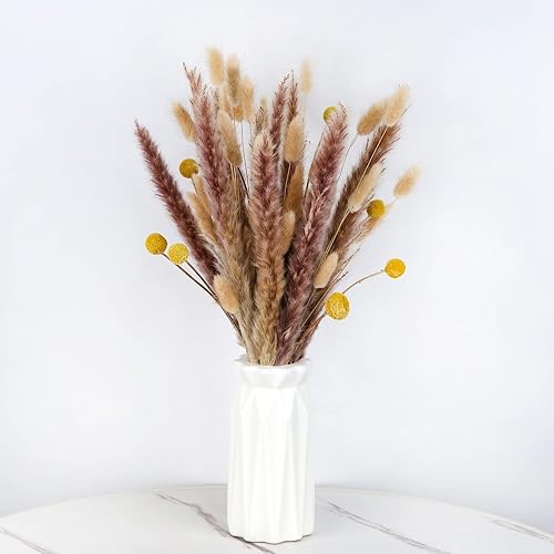 JINBAIZHENG 60 ramos de flores de hierba de las pampas, 40 colas de conejo, 10 unidades, hierba de junco, 10 bolas doradas, flores secas naturales