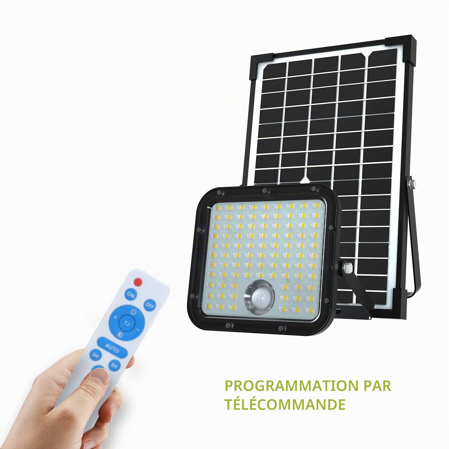 VELAMP Projecteur LED solaire de 4800 lumens, avec détecteur de présence. Panneau solaire déporté, Noir