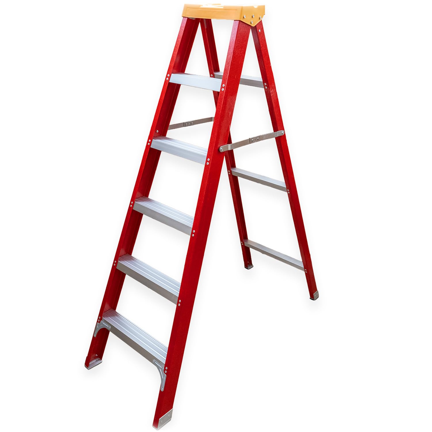 Tuffmate Yellow/Red Fibreglass Step Ladder 6 Steps Electricians 1.9M En131 Heavy Duty Six Treads Foldable Lightweight Stepladder Fiberglass