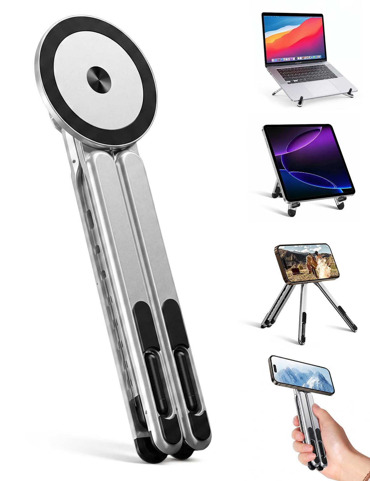 4-in-1 Foldable Laptop Stand & Magnetic Phone Holder, Silver Aerospace Aluminum Portable Desk Mount with N52 MagSafe Compatible Tripod Handle for MacBook Pro, iPad, Travel & Vlogging-image-28