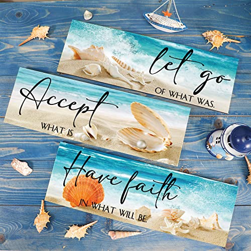 3 Pieces Ocean Inspirational Wooden Wall Decors Accept Let Go Have Faith Quotes Motivational Bedroom Hanging Decor Seashell Starfish Wooden Sign for Bathroom Washroom Bedroom (15.8 x 5.2 x 0.2 Inch) - Image 3