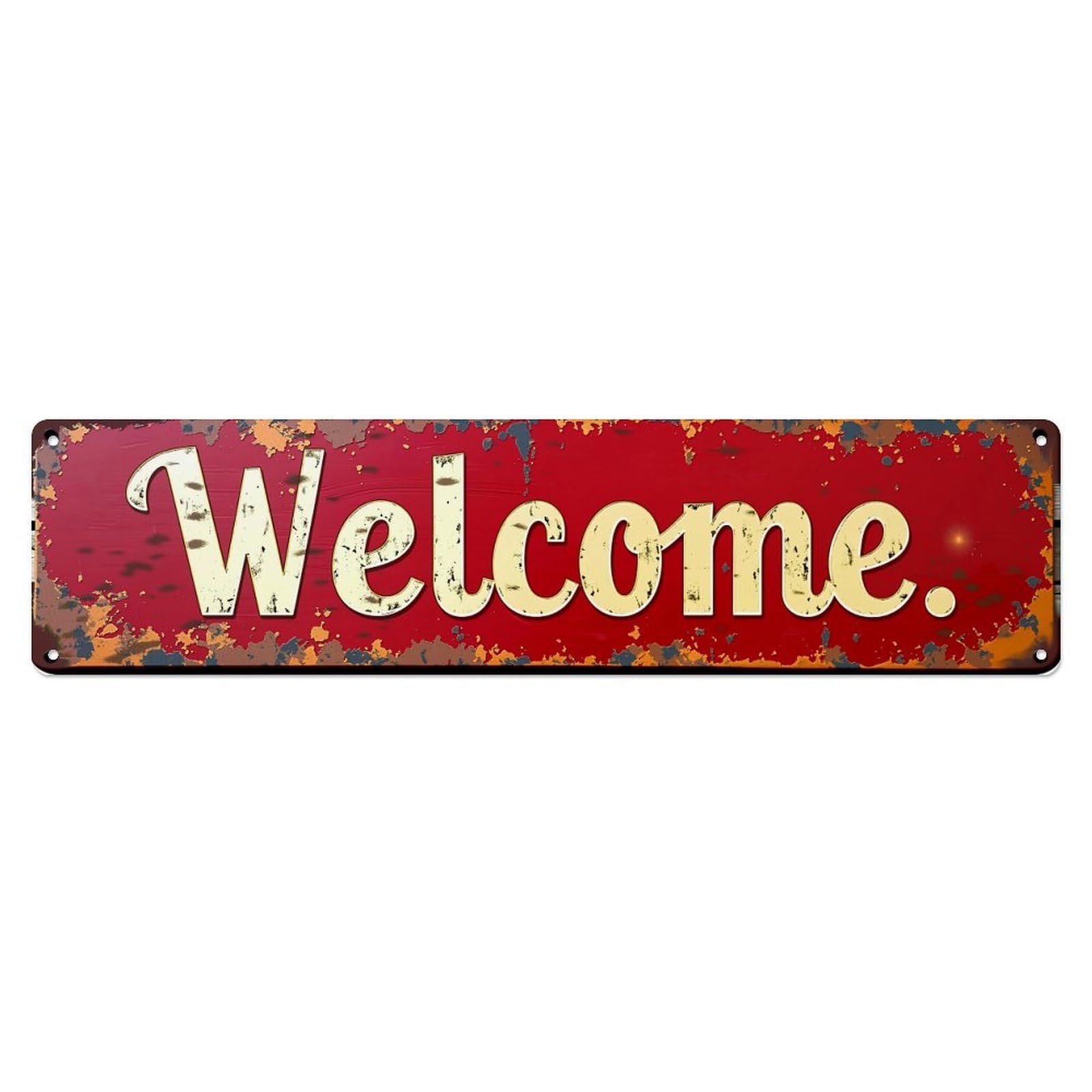 Welcome Sign Rustic Red Background Vintage Metal Tin Sign Retro Wall Decor for Home Bar Garage Cafe, Indoor & Outdoor Decorative Metal Poster, 4x16 Inch