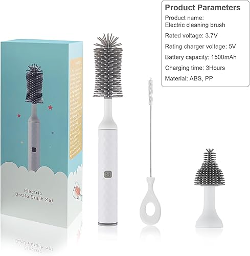 Miniatura 6 de Juego de cepillos eléctricos para biberones, cepillos limpiadores multiusos, limpieza de rotación de alta velocidad de 360, 1500 mAh, impermeable