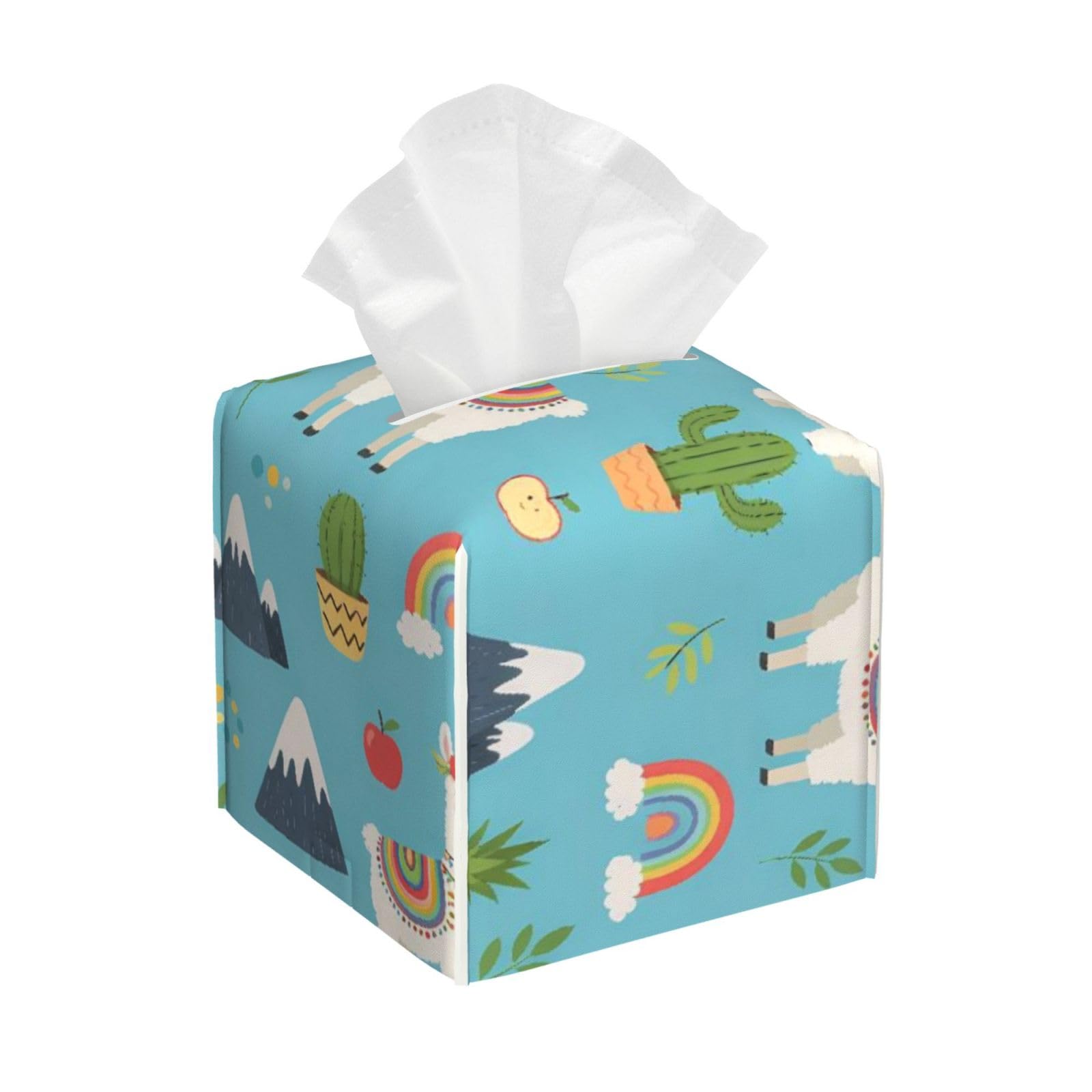 Cute Cactus Blue Sky Rainbow Llama Alpaca Leather Tissue Box Cover Holder Square Facial Paper Organizer 5.2" X 5.2" X 5.2"