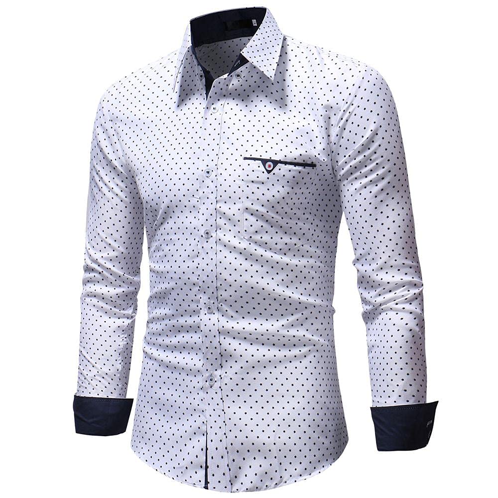 Men's Business Dress Shirt Casual Long Sleeve Slim Fit Polka Dot Printed  Spread Collar Shirts Wrinkle-Free Poplin Shirt