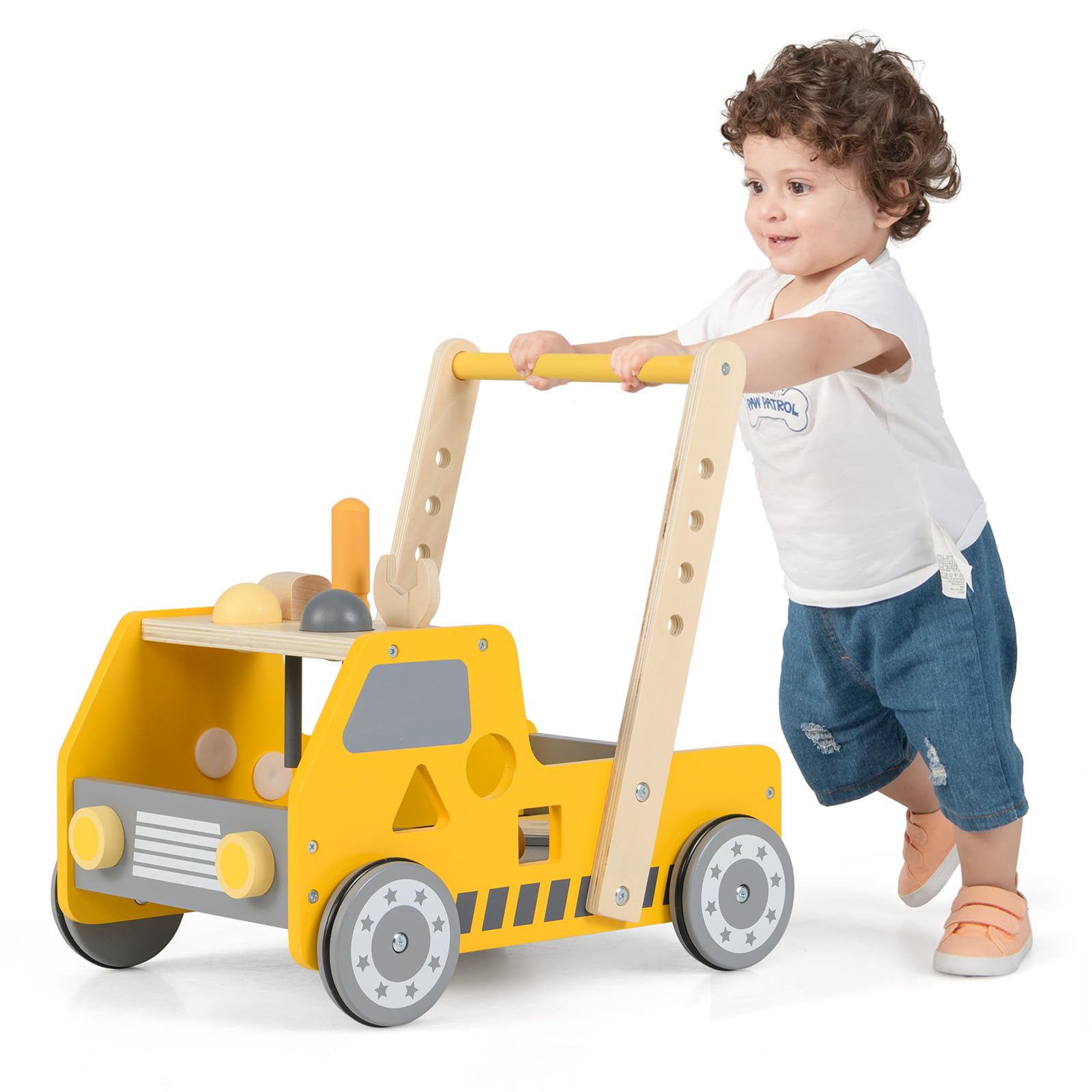 GYMAX Carrello in Legno per Bambini, 2 in 1 Carrello per Bambini e Banco degli Attrezzi con Attività Educative, Velocità Regolabile, Spazio Aperto, Giocattolo Montessori per Bambini e Bambine