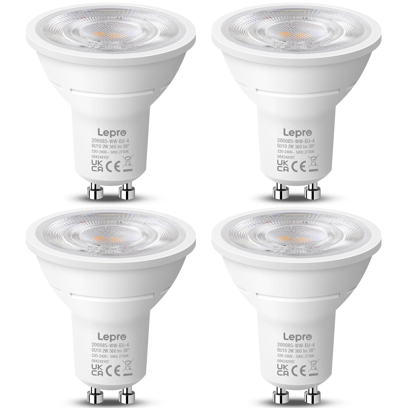 Lepro Warm White 2700K Gu10 Led Bulbs Warm White, A Energy Class, 360Lm, 2W (50W Equivalent), 38° Beam Angle, 50000H Life Span, 96% Energy Saving Spotlight Bulb, Non-Dimmable, 4 Packs
