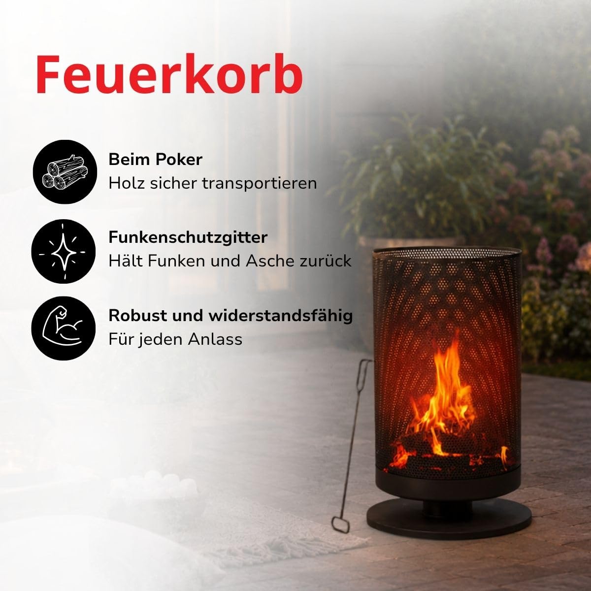 BBQ Collection Feuertonne mit Funkenschutz - Feuerkorb 44,5 x 72,5 cm - Terassenofen mit Schürhaken - Feuerstelle Outdoor für Garten und Terrasse - Terrassenfeuer - Karbonstahl
