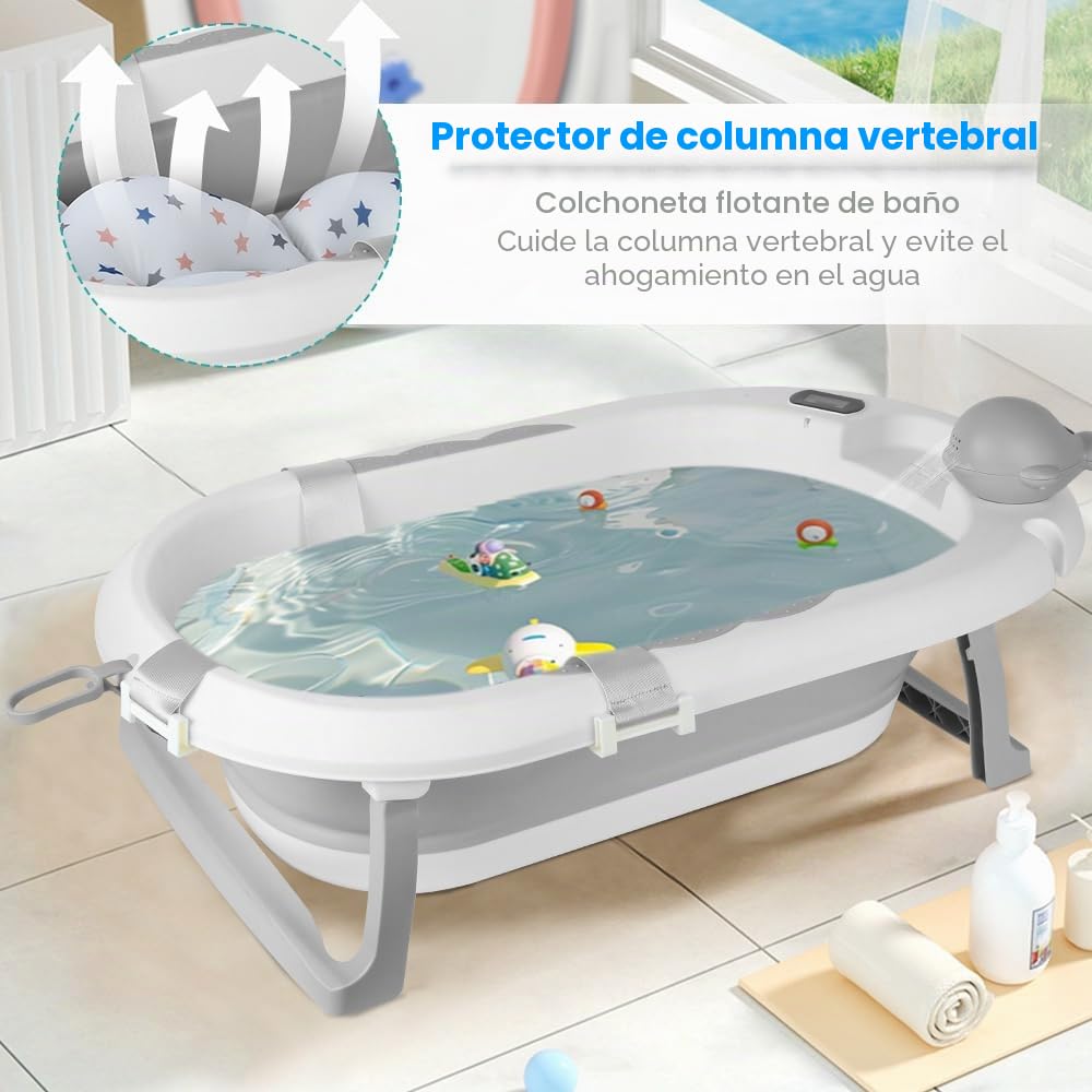 OHMG Bañera para bebé con soporte de 85 cm, bañera plegable para bebé, con termómetro y cojín de baño, bañera plegable