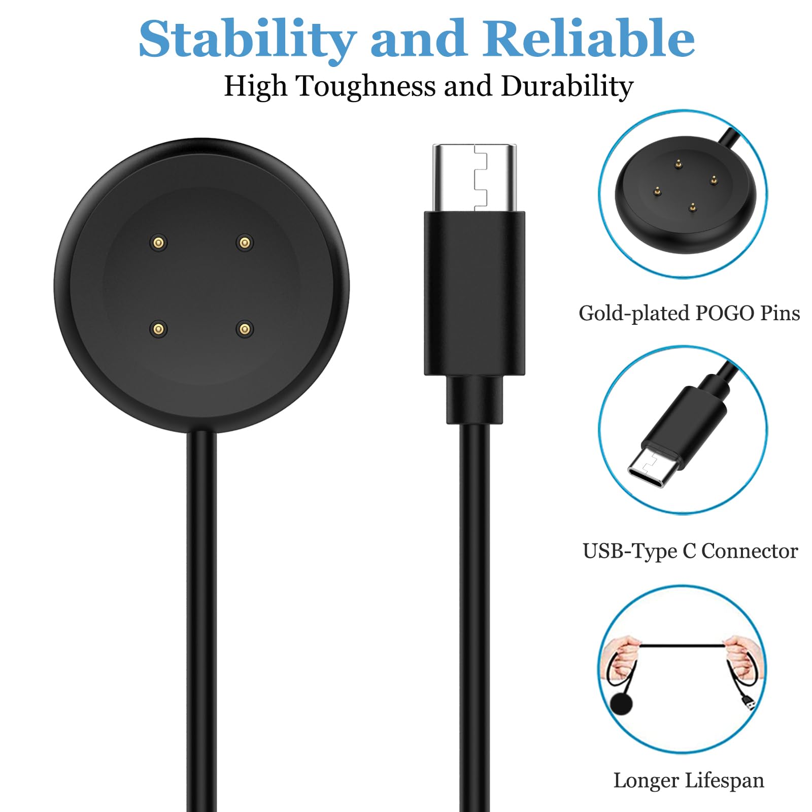 Threeeggs Paquete de 2 cargadores para Google Pixel Watch 3 / Pixel Watch 2, USB-A + cable de carga magnético tipo C de 100 cm, cable de carga para reloj inteligente Google Pixel Watch2